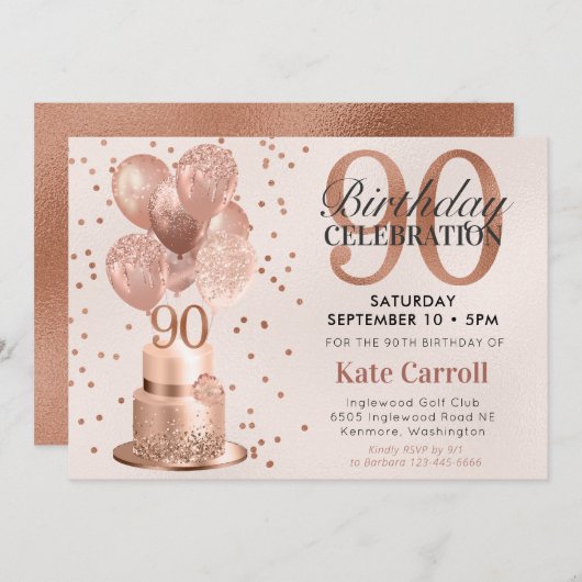 Invitation 90e anniversaire Rose Gold Cake (Devant / Derrière)