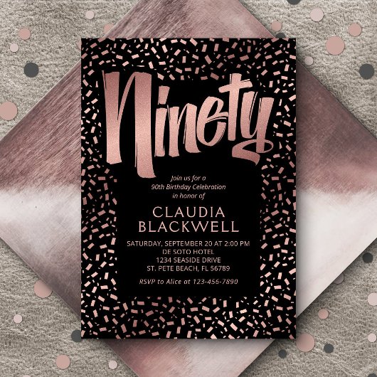 Invitation 90e anniversaire Rose Gold Confetti