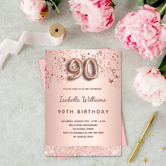 Invitation 90e anniversaire rose or blush étoiles luxe