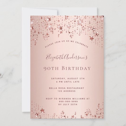 Invitation 90e anniversaire rose or étoiles sprinkle (Devant)