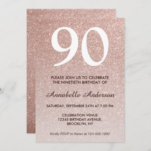 Invitation 90e anniversaire Rose Rose Parties scintillant or (Devant / Derrière)