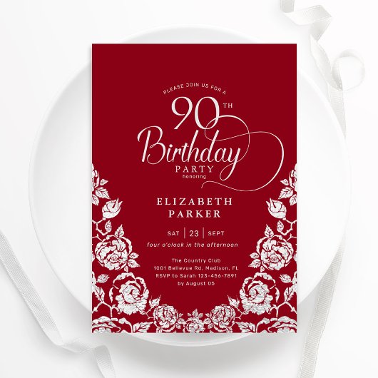 Invitation 90e anniversaire Roses d'argent rouge