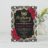 Invitation 90e anniversaire - Roses rouges Gold Black Damask (Debout devant)