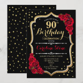 Invitation 90e anniversaire - Roses rouges noires d'or (Devant / Derrière)