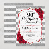 Invitation 90e anniversaire - Rouge argent blanc rayures Rose (Devant / Derrière)