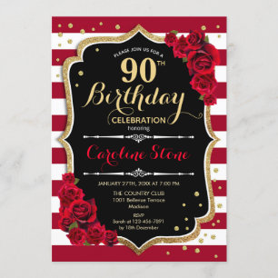 Invitation 90e anniversaire - Rouge or noir blanc rayures Ros