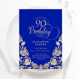 Invitation 90e anniversaire Royal Blue Gold Roses