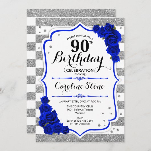 Invitation 90e anniversaire - Royal Blue Silver White Stripes (Devant / Derrière)