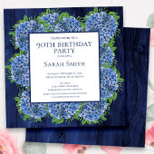 Invitation 90e anniversaire Rustic Wood Blue Hydrangeas Party