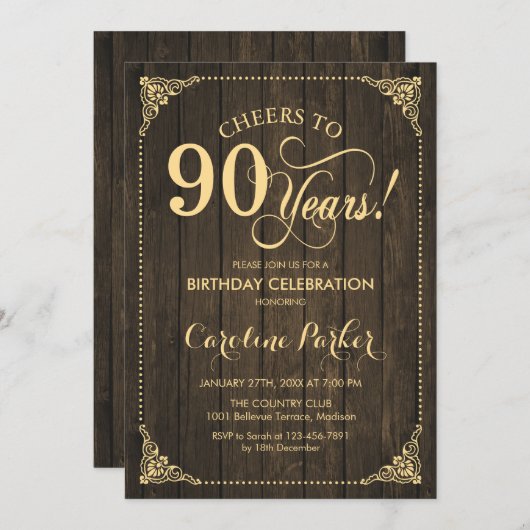 Invitation 90e anniversaire - Rustic Wood Gold (Devant / Derrière)