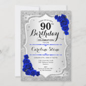 Invitation 90e anniversaire - Silver Stripes Royal Blue Roses (Devant)