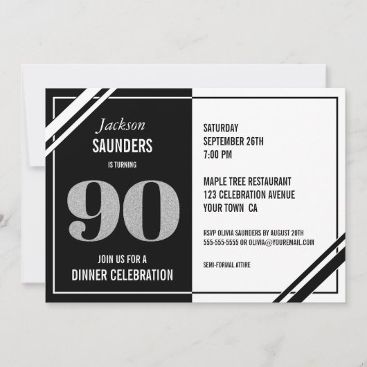Invitation 90e anniversaire Soirée moderne Noir et Blanc (Devant)