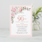 Invitation 90e anniversaire Surprise Party Blush rose floral (Debout devant)
