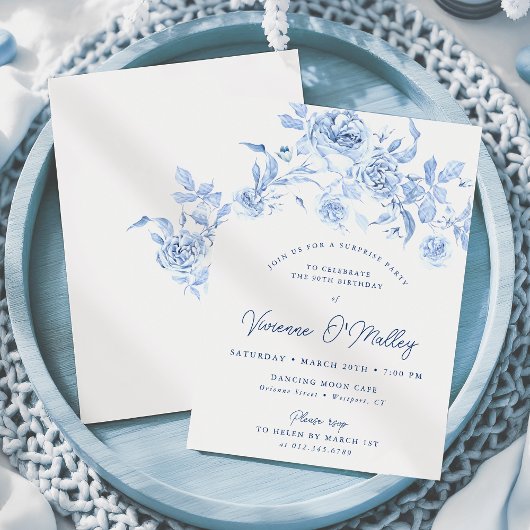 Invitation 90e anniversaire Surprise Party Dusty Blue Floral