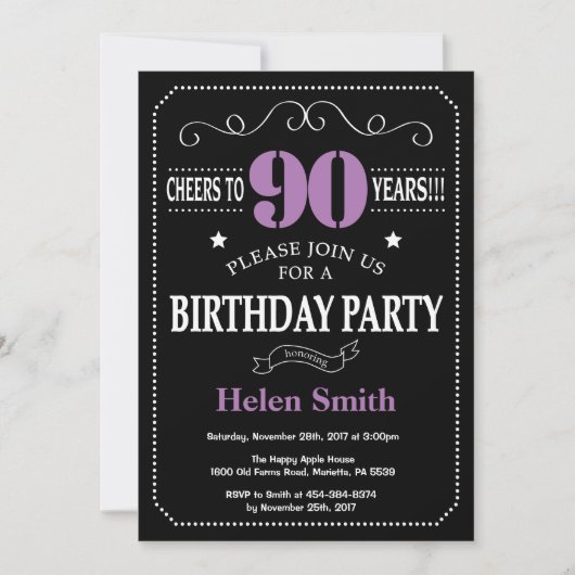 Invitation 90e Anniversaire Tableau Noir et Violet (Devant)
