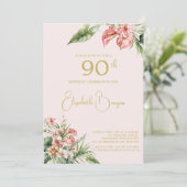 Invitation 90E Anniversaire Tropical Aquarelle rose élégant (Debout devant)