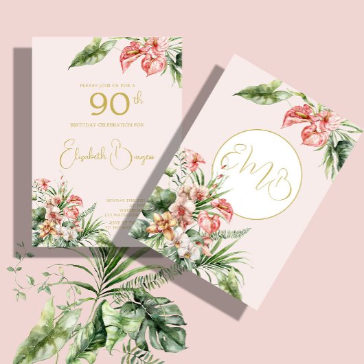 Invitation 90E Anniversaire Tropical Aquarelle rose élégant