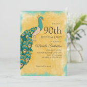 Invitation 90e anniversaire Turquoise Aquarelle jaune Peacock (Debout devant)