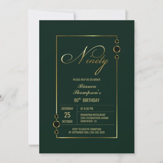 Invitation 90e anniversaire Vert avec Gold Frame Party (Devant)