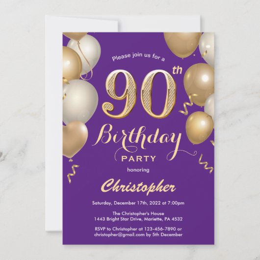 Invitation 90e anniversaire violet et ballons d'or Confetti (Devant)