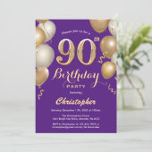 Invitation 90e anniversaire violet et ballons d'or Confetti (Debout devant)