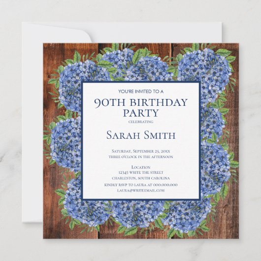 Invitation 90e anniversaire Wood Blue Hydrangeas Rustic Party (Devant)