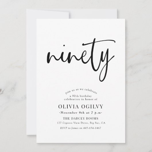 Invitation 90e B&W Anniversaire de fête Typographie de script (Devant)