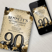 Invitation 90e Ballons Black Gold Anniversaire