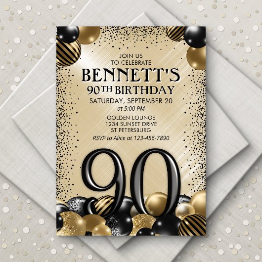 Invitation 90e Ballons Black Gold Anniversaire