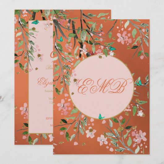 Invitation 90e Corail floral Elégant Monogramme rose Annivers (Devant / Derrière)