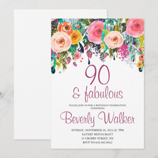 Invitation 90e Fabuleuse aquarelle florale fête d'anniversair (Devant / Derrière)