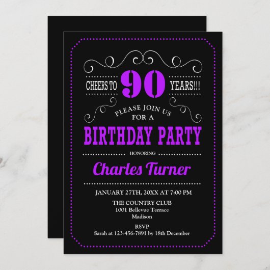 Invitation 90e fête d'anniversaire - Black Purple (Devant / Derrière)