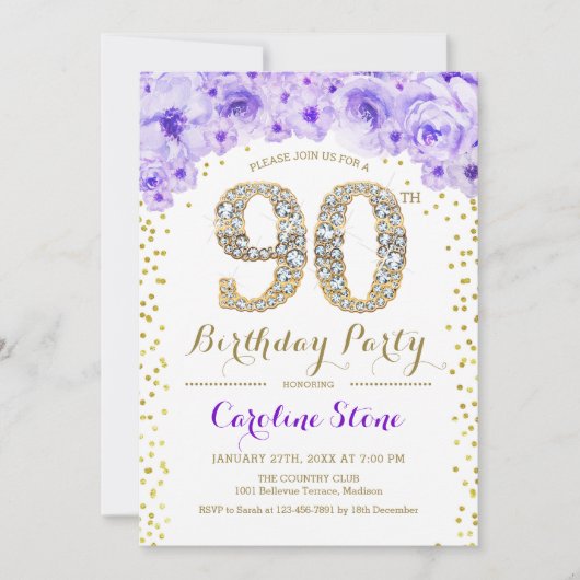 Invitation 90e fête d'anniversaire - Blanc Gold violet (Devant)