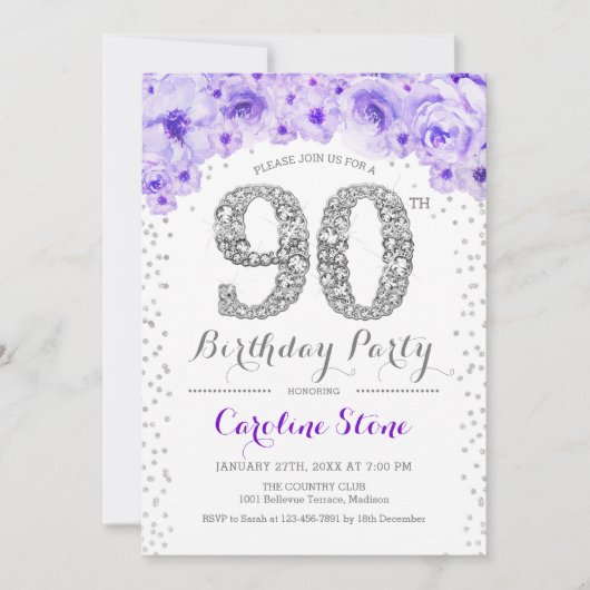Invitation 90e fête d'anniversaire - Blanc Silver violet (Devant)