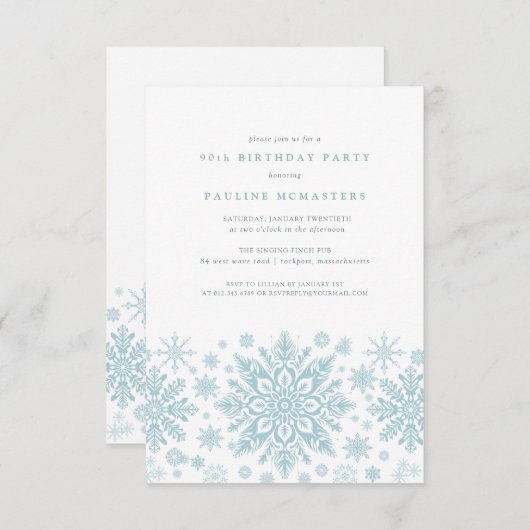 Invitation 90e fête d'anniversaire Blue White Snowflake hiver (Devant / Derrière)