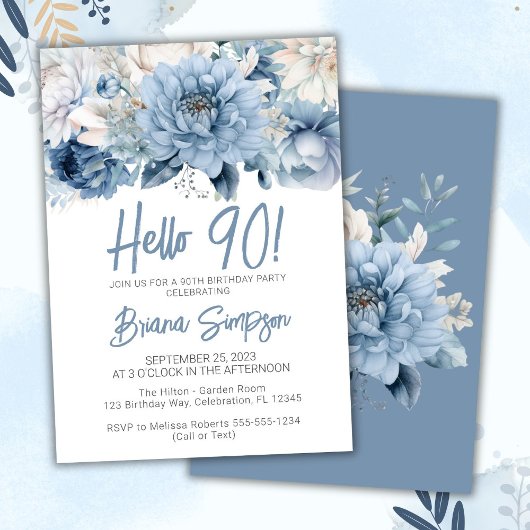 Invitation 90e fête d'anniversaire Dusty Blue Floral