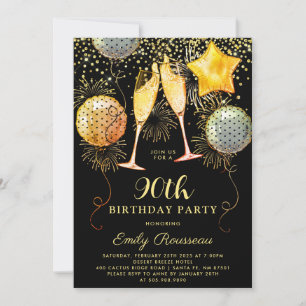 Invitation 90e fête d'anniversaire Gold Black Parties scintil