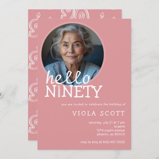 Invitation 90e fête d'anniversaire Hello Ninety Photo Rose (Devant / Derrière)