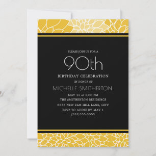 Invitation 90e fête d'anniversaire Jaune Blanc Noir Floral
