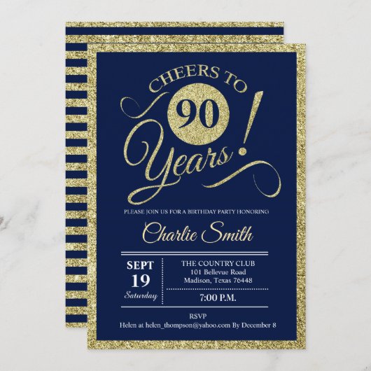 Invitation 90e fête d'anniversaire - Marine Gold TOUTE L'ANNÉ (Devant / Derrière)