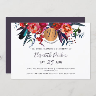 Invitation 90e Fête d'anniversaire moderne chic floral