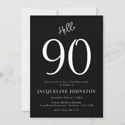 Invitation 90e fête d'anniversaire Noir et blanc (Devant)