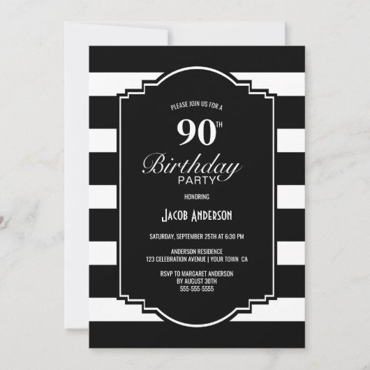 Invitation 90e fête d'anniversaire Noir et blanc rayé (Devant)