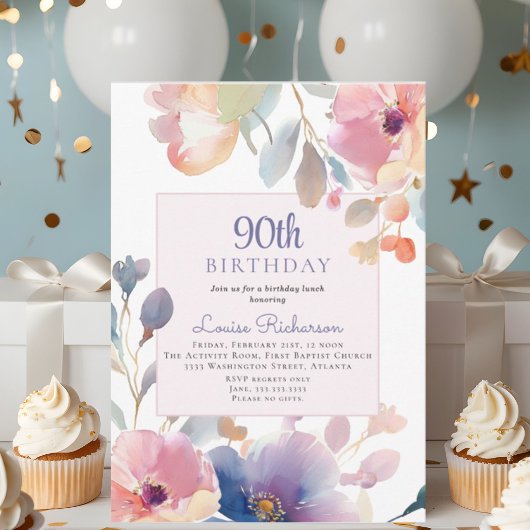 Invitation 90e fête d'anniversaire Pink Watercolor Floral