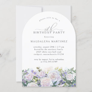 Invitation 90e fête d'anniversaire Rose blanche bleu floral
