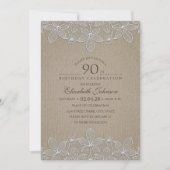 Invitation 90e fête d'anniversaire Rustic Burlap Perles et de (Devant)