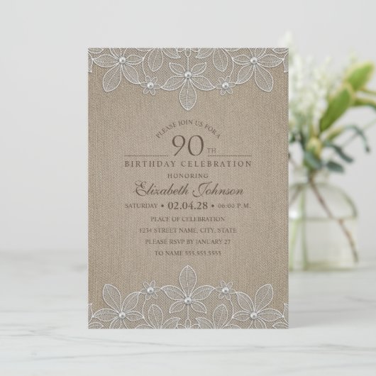 Invitation 90e fête d'anniversaire Rustic Burlap Perles et de (Debout devant)