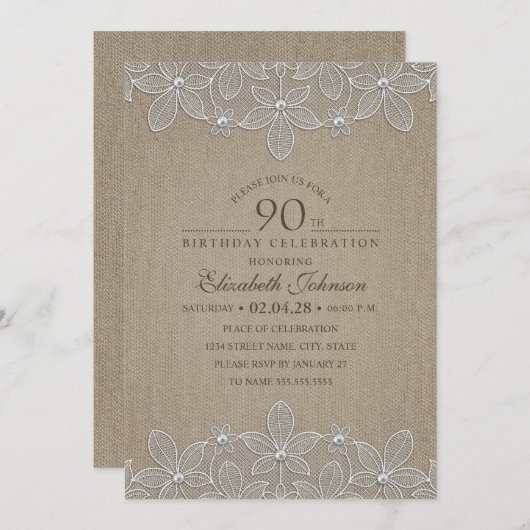 Invitation 90e fête d'anniversaire Rustic Burlap Perles et de (Devant / Derrière)