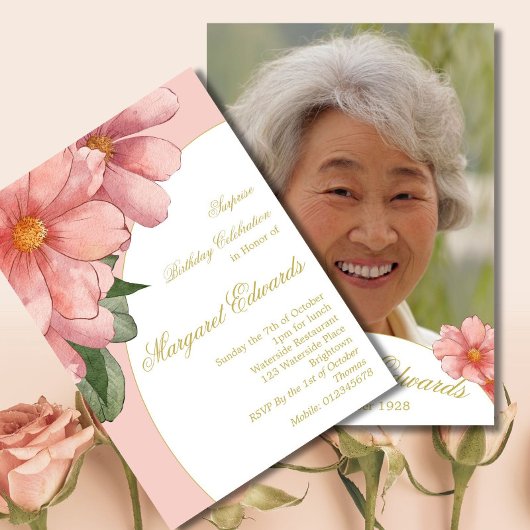 Invitation 90e Gold Elegant rose florale photo Anniversaire