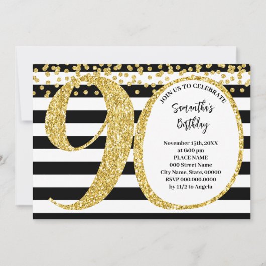 Invitation 90e Parties scintillant Black White et Gold modern (Devant)